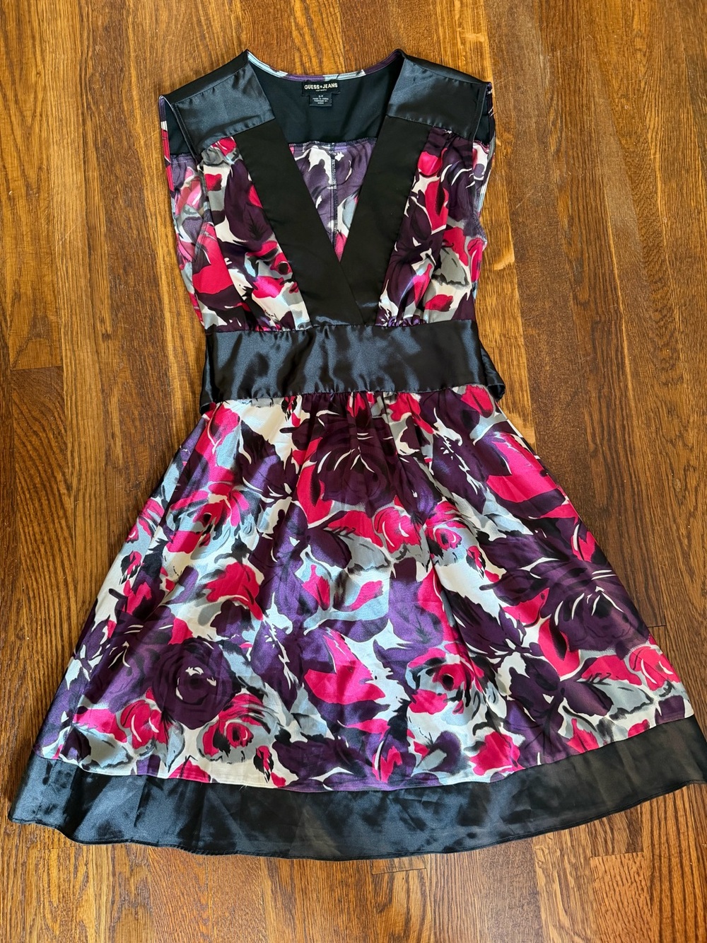 Guess Black Satin-Trim Floral Dress with Pink & Purple Accents